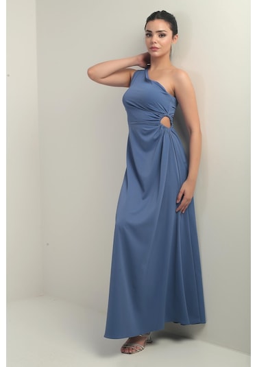 Kadın Tek Omuz Yan Pencere Detaylı Uzun Krep Saten Elbise-40824 Indigo