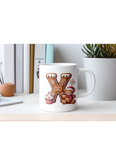 X Kurabiye Harf Ve Ayıcık Detaylı Kupa Bardak - Yeni Yıl / Yılbaşı Temalı Tasarım - Noel Hediye Beyaz