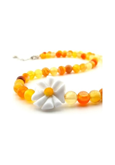 Solfera Papatya Sarı Turuncu Akik Doğal Taş Kadın Kolye Q0604 Çok Renkli