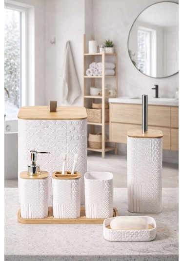 Makri Home Desenli 7 Parça Bambu Kapaklı Ve Aksesuarlı Banyo Seti Çok Renkli