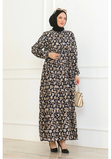 Çiçek Desenli Bağlamalı Viskon Kumaş Elbise - Lacivert Lacivert