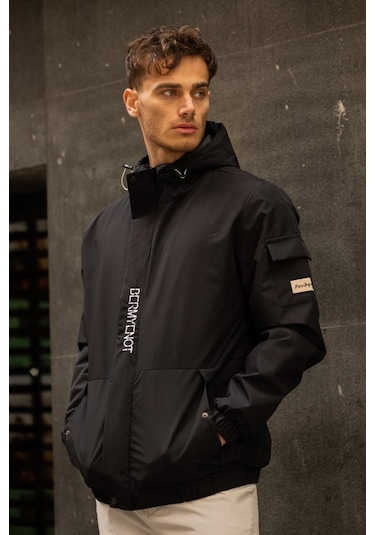 Yarn İçi Astarlı Suya Dayanıklı Kapşonlu Fermuarlı Yağmurluk - Siyah Siyah