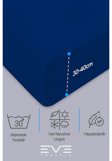 Eve Tekstil Fitted Yüksek Kaliteli Penye Kumaş Tek Kişilik Lastikli Çarşaf Lacivert