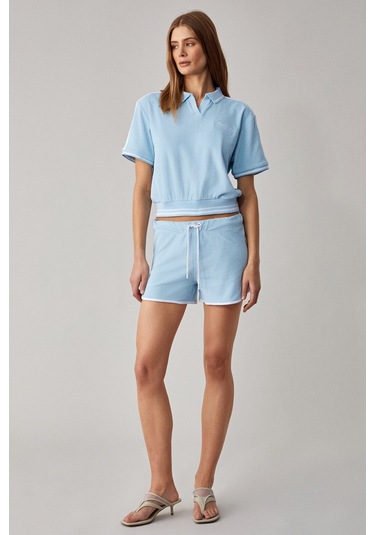 DZENKA Kadın Oversize Geniş Paça Yüksek Bel Mavi Alt-Üst Takım