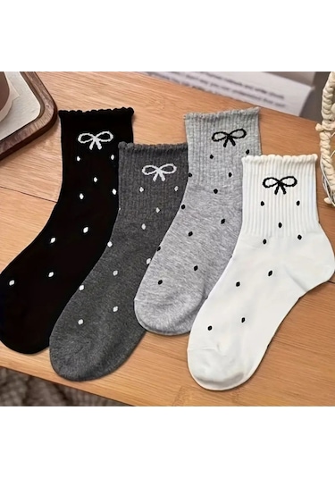 Trampler 4 Çift Kadın Kurdela Puantiye Desenli Çorap Kadın Kolej Çorap Çok Renkli
