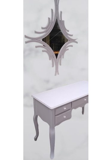 Dresuar Makyaj Masa 5 Çekmece Cnc Ayna Kayın Aslan Ayak Parlak Beyaz Lake El Yapımı Beyaz