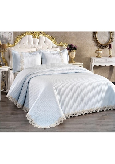 Mihrimah Dantelli Çift Kişilik %100 Pamuk Yatak Örtüsü Pike Takımı Mavi