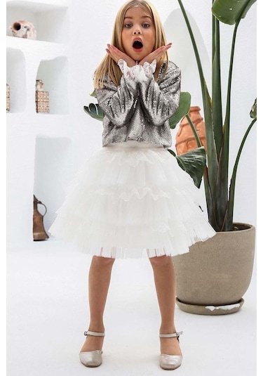 Riccotarz Kız Çocuk Kat Kat Tüllü Etek Ve Pulpayet Kaplamalı Gümüş Ceket Etekli Takım 001