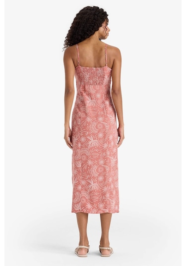 Defacto Kare Yaka Desenli Yırtmaçlı Keten Karışımlı Askılı Midi Elbise F7150ax25smbr154 Bordo