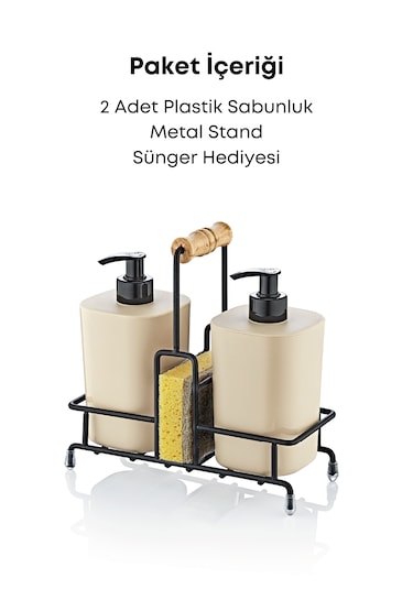 Metal Standlı Bej Begonya Çamaşır Suyu Ve Sıvı Sabunluk Banyo Se
