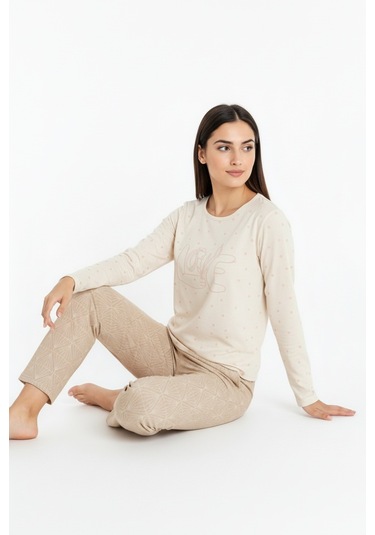 Üstü Love Yazılı Altı Desenli Elite Viscose Uzun Pijama Takımı Krem 3562 Krem