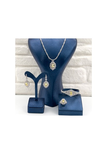 Pırlanta Montür Sitrin Taşlı 4'lü Gümüş Set Takım Gümüş