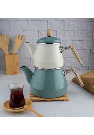 Bambum Lumino Bambu Kulplu Emaye Çaydanlık Takımı Yeşil B6084 Yeşil