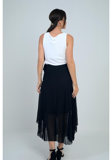 Kadın Yanları Kısa Astarlı Uzun Tül Etek-41717 Siyah