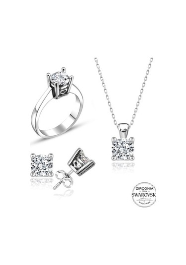 Sertifikalı Swarovski Tek Taş Kalp Montür 925 Gümüş Set Takım