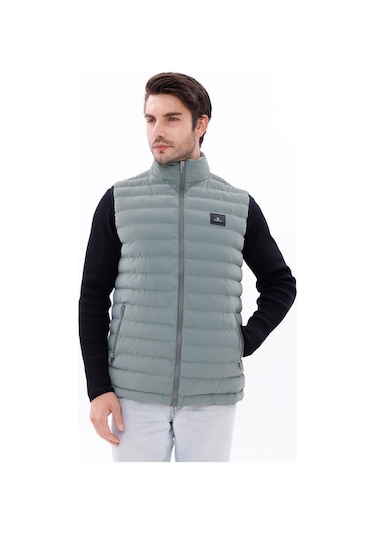 Erkek Nova Kumaş Şişme Yelek Hafif Dolgulu Fermuarlı Cepli Su İtici Rahat Kalıp Yeşil