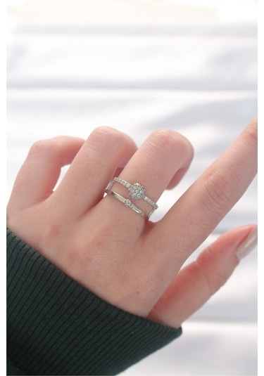 Topçuk Model Silver Renk Ayarlanabilir Yüzük 2li Görünümlü Çok Renkli