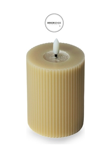 Çizgili Pilli Kütük Mum Bej 10 Cm Bej