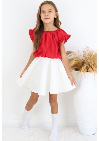 Kız Çocuk Kırmızı Bluz Krem Etek 23 Nisan 29 Ekim Gösteri Takımı Kırmızı-ekru