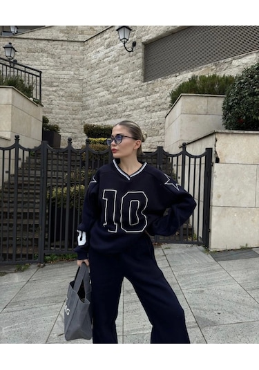 Simala V Yaka Üç İplik Sweat Takım - Siyah Siyah