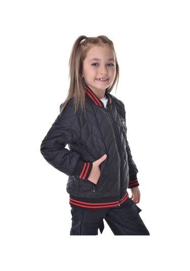 Kız Çocuk Siyah Kolej Yaka İçi Astarlı Su Ve Rüzgar Geçirmez Fermuarlı Cep Mont Ceket Siyah