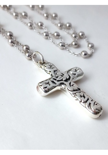 Top Zincirli Bombe İşlemeli Haç Tasarım Gümüş Erkek Kolye