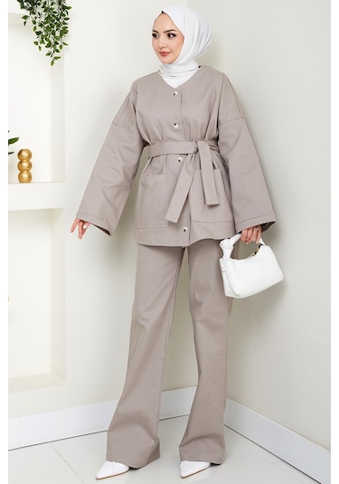 Kemerli Ceket Pantolon Gabardin Takım 1557 - Taş Taş