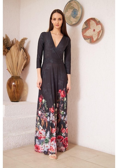 Darlin Moda Siyah Kruvaze Kırmızı Çiçek Desenli Abiye Elbise Dm1016