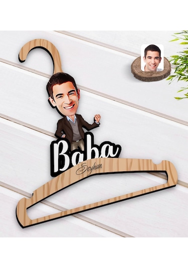 Kişiye Özel Baba Karikatürlü Standart Boy Ahşap Elbise Askısı-1