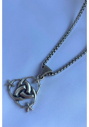 Ay Yıldız El İşçiliği Paslanmaz Çelik Zincir Erkek Kolye Gümüş