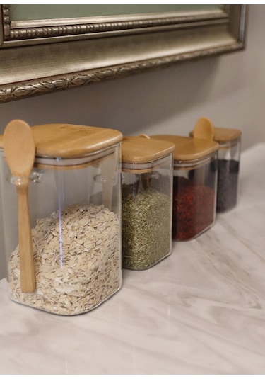 The Mia Bambu Kaşıklı Cam Saklama Kabı Kare 1050 Cc