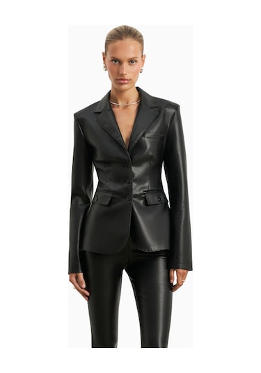 Because Of Alice Cinched Waist Leather Blazer Kadın Ceket Siyah