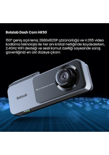 +360 Botslab Hk50 Set / 3k Qhd Wifi 150 Ultra Geniş Açı Gece Görüşlü Akıllı Araç Kamera + Park Kiti