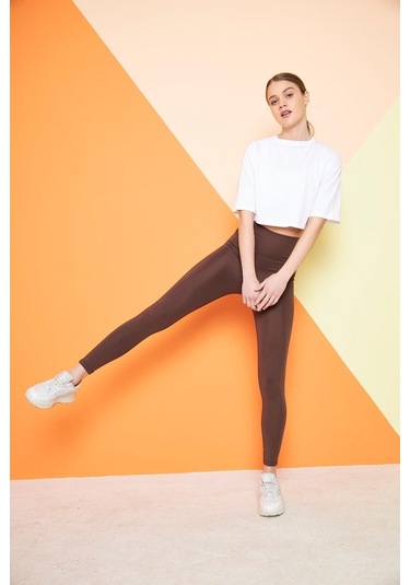 Kahverengi Yüksek Bel Sıkılaştırıcı Toparlayıcı Kışlık Şardonlu Dalgıç Kumaş Spor Günlük Tayt Kahverengi