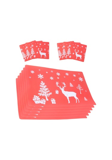 Bairuntong Noel Amerikan Servisi Yıkanabilir Mat Seti 6'lı Amerikan Servisi Ve 6 Bardak Matı Kırmızı