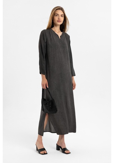 Siyah İşlemeli Uzun Kollu Astarsız Pamuklu Uzun Elbise-siyah Siyah