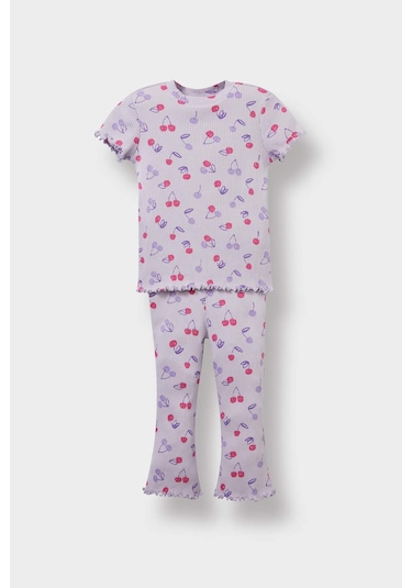 Defacto Kız Bebek 2li Takım Desenli Fitilli Kaşkorse Kısa Kollu Tişört Tayt F3510a525aupr305 Mor