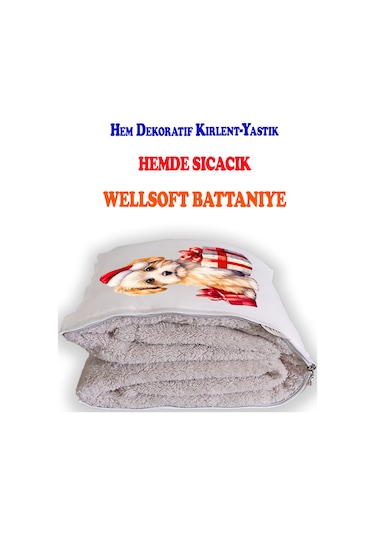 Noel Şapkalı Yavru Köpek Baskılı Dekoratif Yastık Kırlent Opsiyonel Battaniye 2 İn 1 Çok Renkli