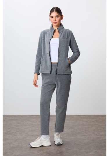 Tommy Life Gri Melanj Kalın Yumuşak Dokulu Dik Yaka Oversize Nakışlı Polar Kadın Eşofman Takım -95339 GRİ MELANJ