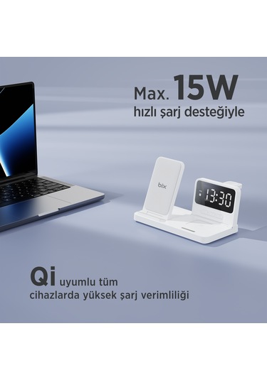 Bix Bxmw4 Alarmlı Saat Özellikli 15w Kablosuz Şarj Standı Beyaz