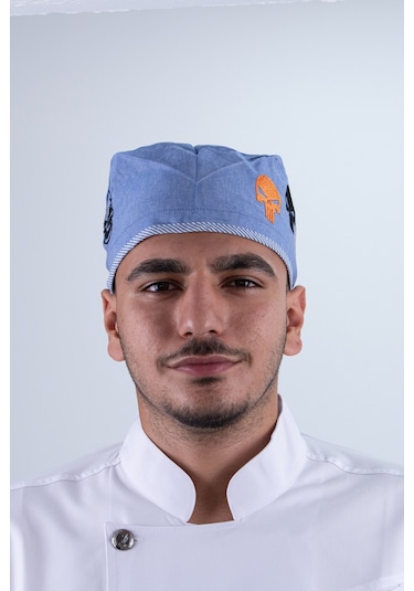 Chef Bone Kep Aşçı Şef Şapkası Kuru Kafa Desenli Mavi Çok Renkli