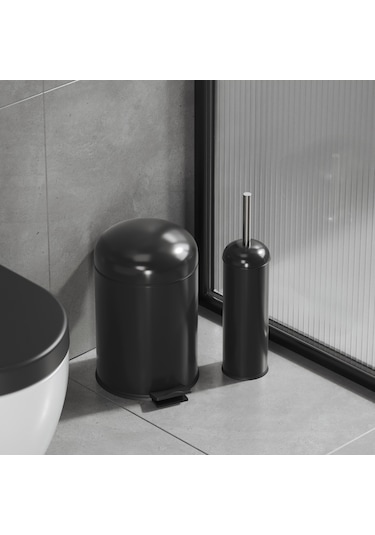 Aqua Bagno Smile Klozet Fırçası + Çöp Kovası 5 Lt -2 Parça Set, Mat Siyah
