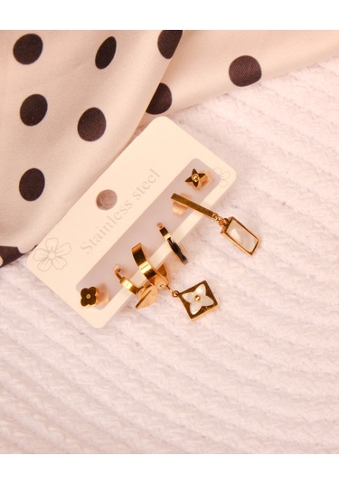 Lekka Design Altılı Kuğu ve Yonca Kadın Kararmaz Çelik Küpe Çelik