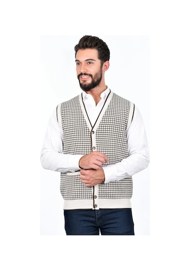 Kamalı Erkek Çelik Örgü Düğmeli Cepli Kazayağı Desen Tüylenmeyen Triko Kışlık Kazak Yelek Taş