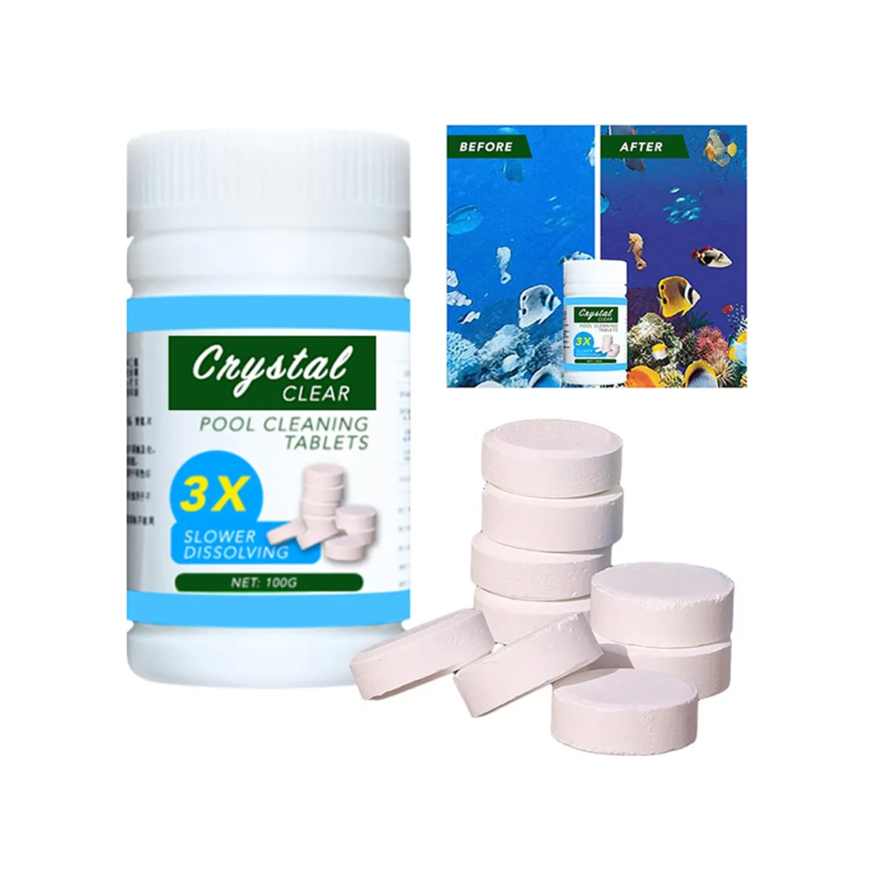 Yaleker Mavi Yüzücü Havuz Temizleyici Seti - Havuz Aksesuarı Ve Ekipmanı, 1 Adet Temizleyici + 100 Adet Flakon Mavi