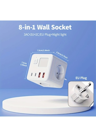 Motion003 8'li 1 Eu Güç Çubuğu Siyah 3 Usb 2 Tip-c Girişi Gece Işığı Kompakt Tasarım