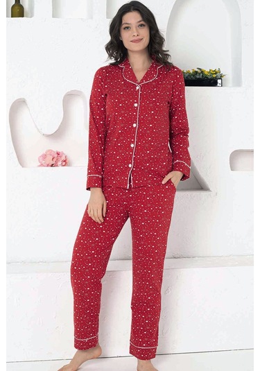 Alimer Kadın Kırmızı Desenli Likralı Kışlık Pijama Takımı Edy2769 Kırmızı