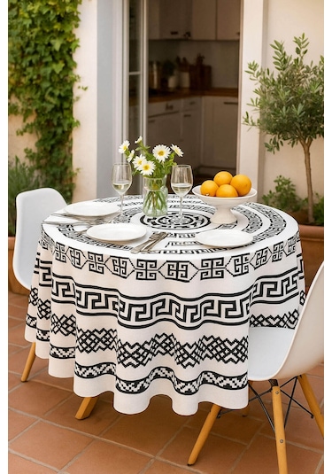 Yuvarlak Geometrik Siyah Desenli Duck Kumaş Masa Örtüsü 150x150 Cm Siyah - Beyaz