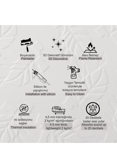 3d Duvar Paneli Boyanabilir Dekota 60x120 Cm / Yaprak Desenli 2'li Paket-1,44 M²