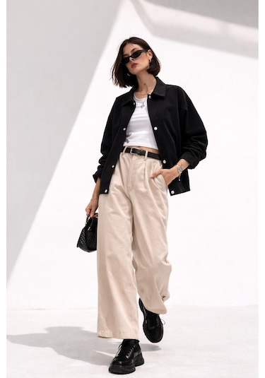 Kadın Oversize Basic Gabardin Mevsimlik Polo Yaka Ceket-385 Siyah